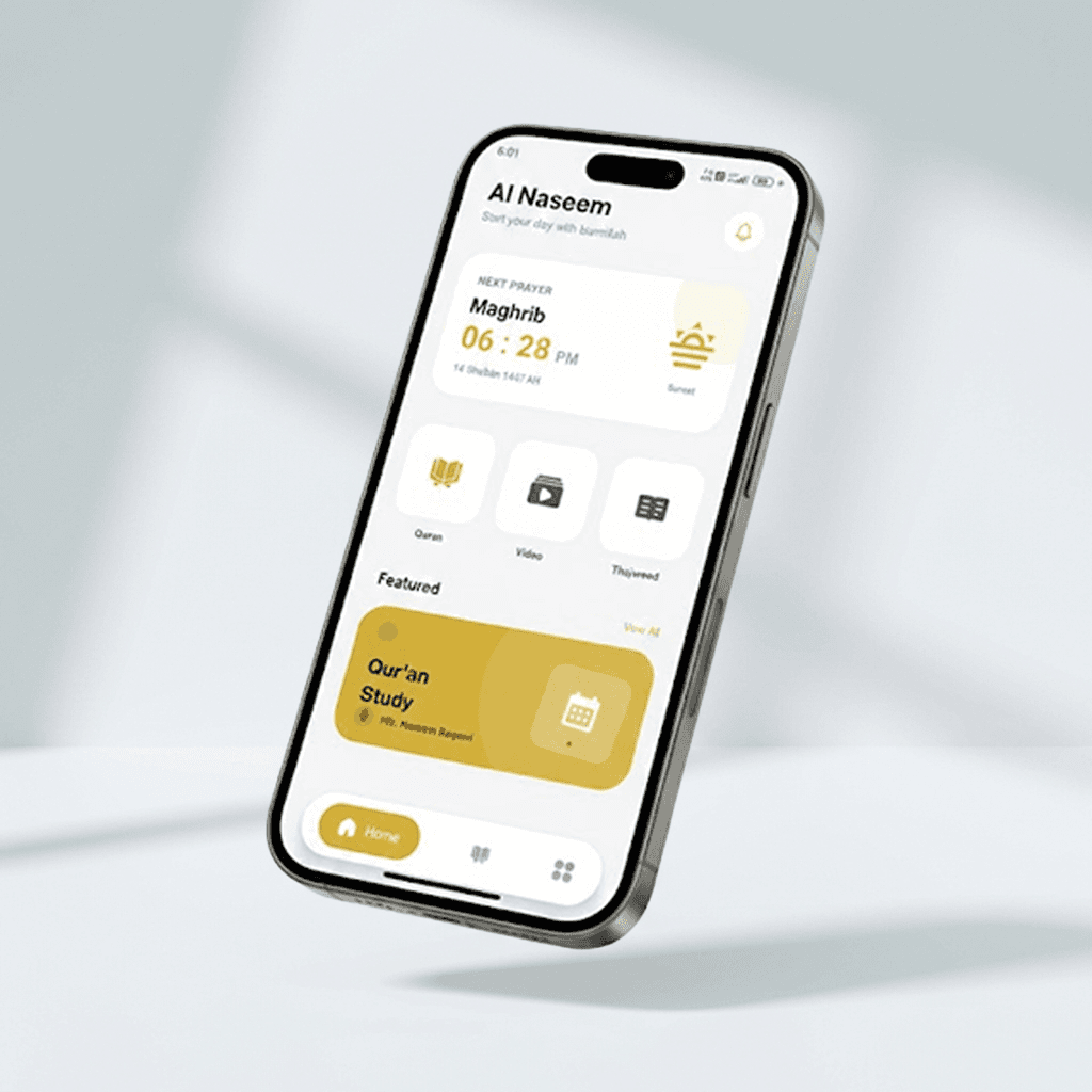 Al Naseem app showing Quran reading, prayer times, videos and Quran study